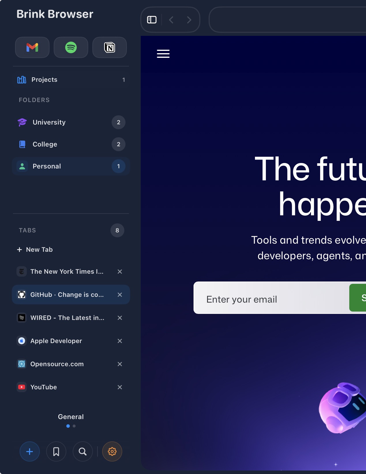 Research projects and folders in Brink Browser
