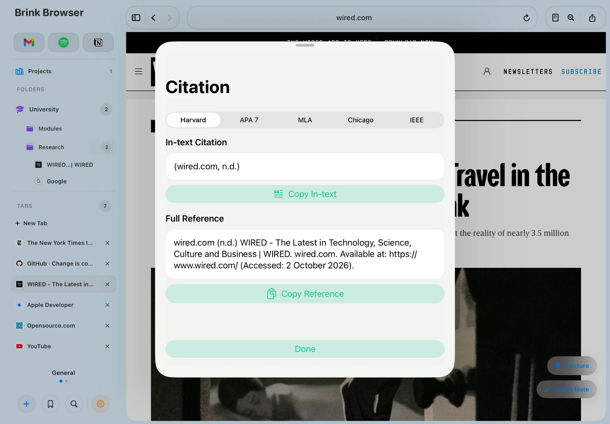 Citation tools in Brink Browser