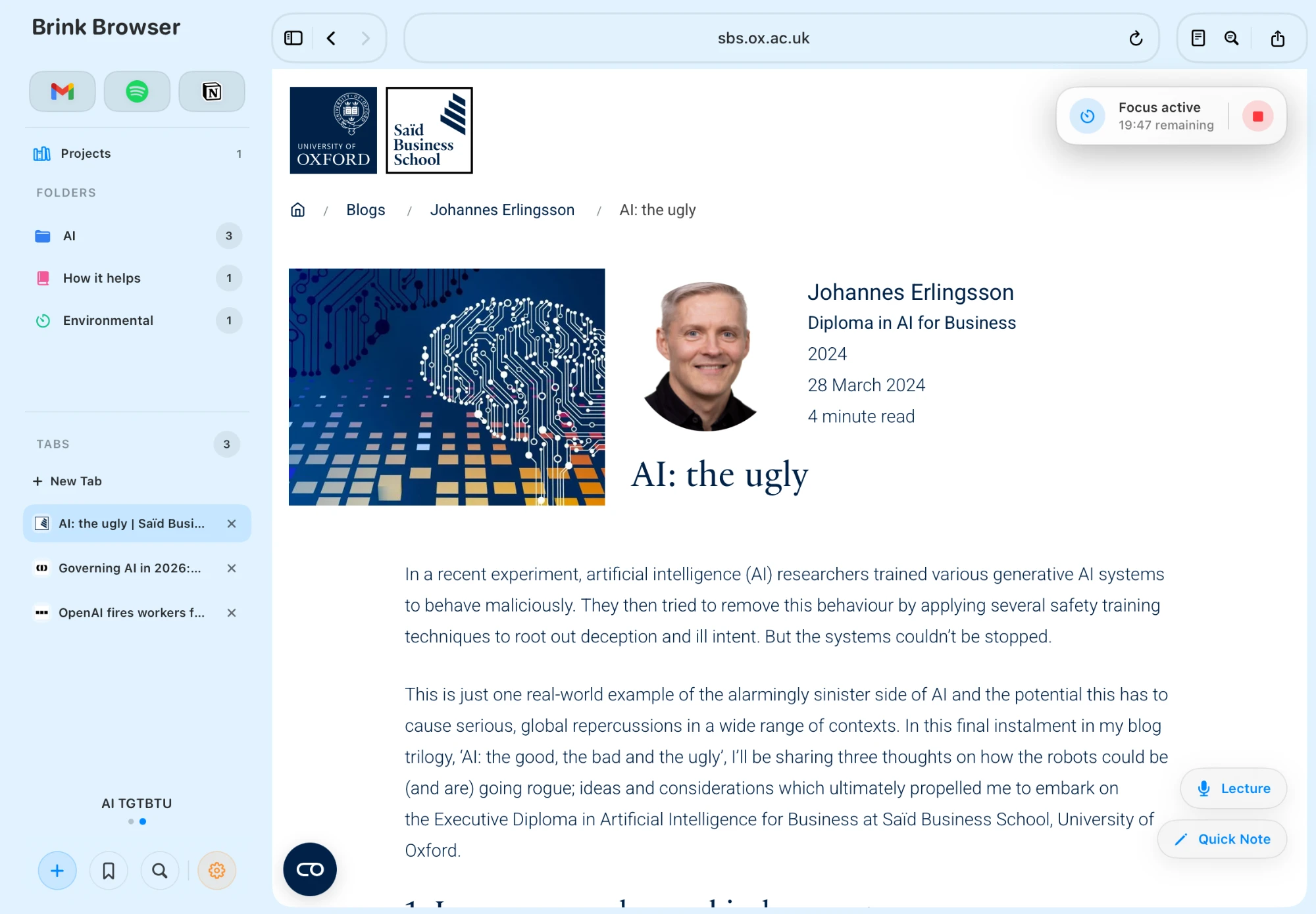 Focus session timer in Brink Browser