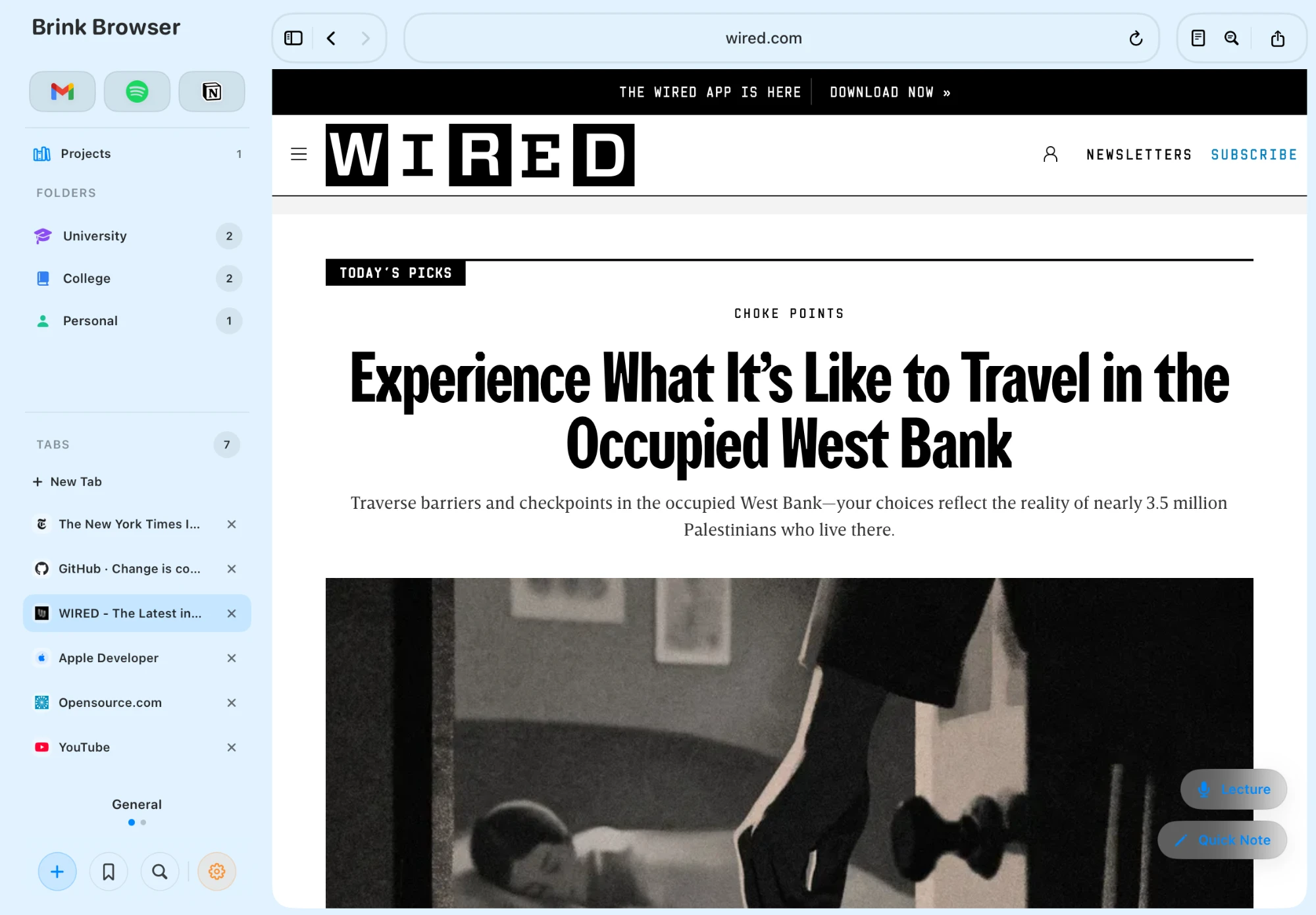 Brink Browser research workspace on iPad