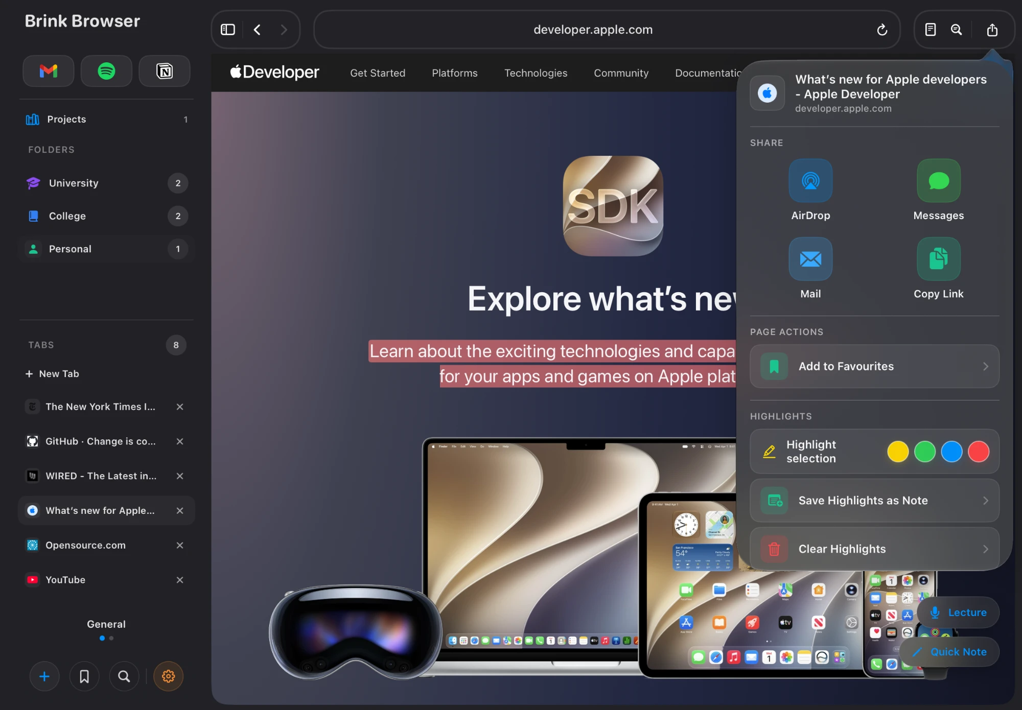 Webpage highlighting in Brink Browser