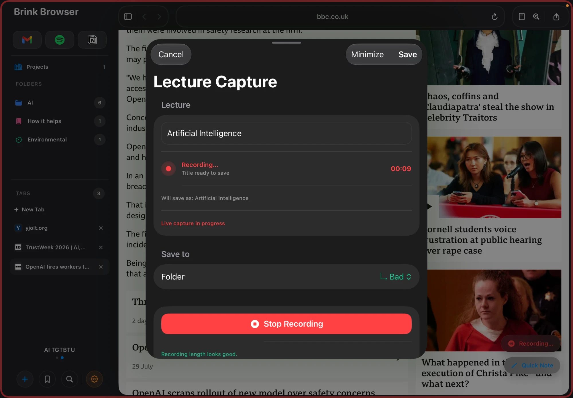 Lecture Capture in Brink Browser