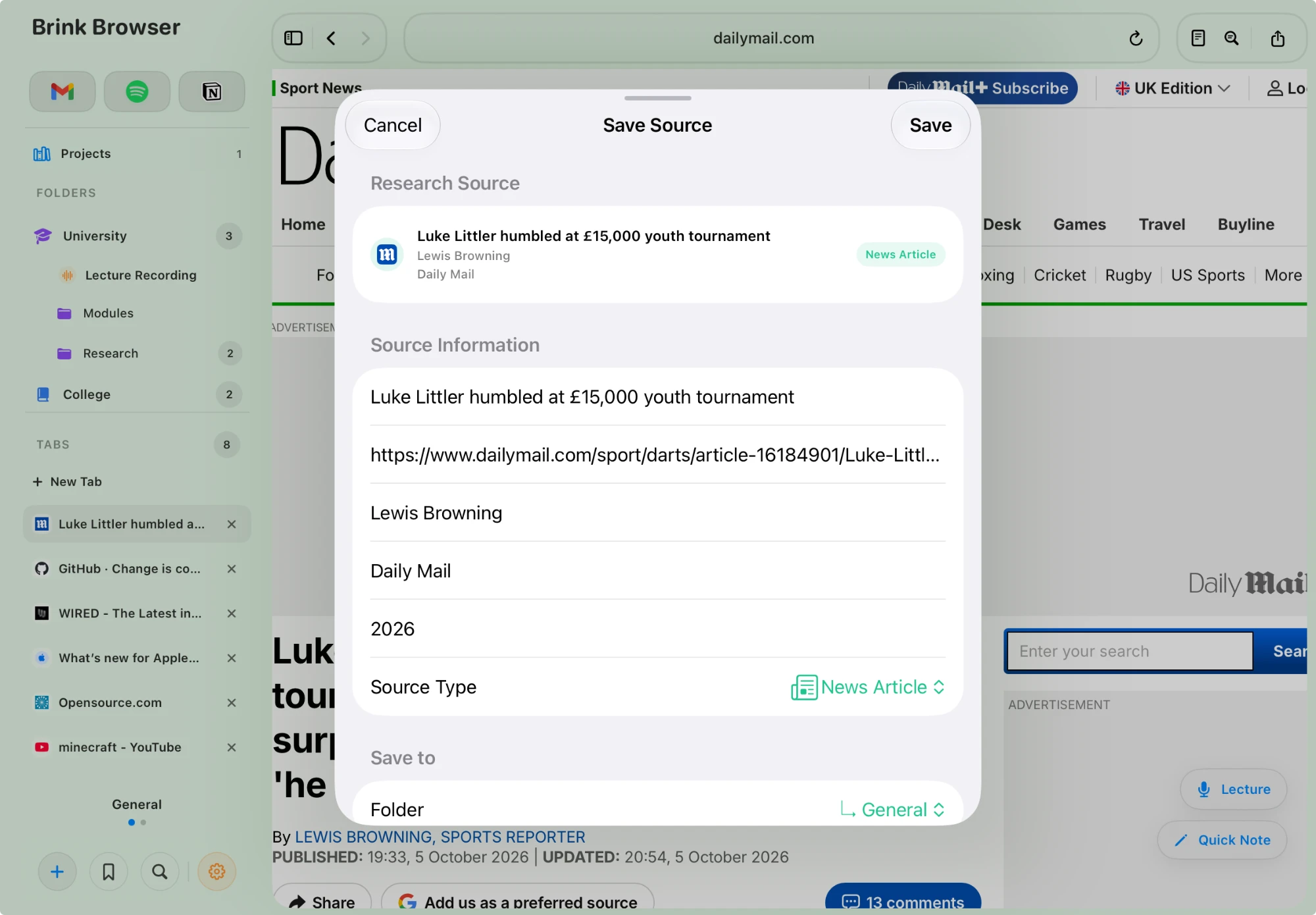 Saving research in Brink Browser