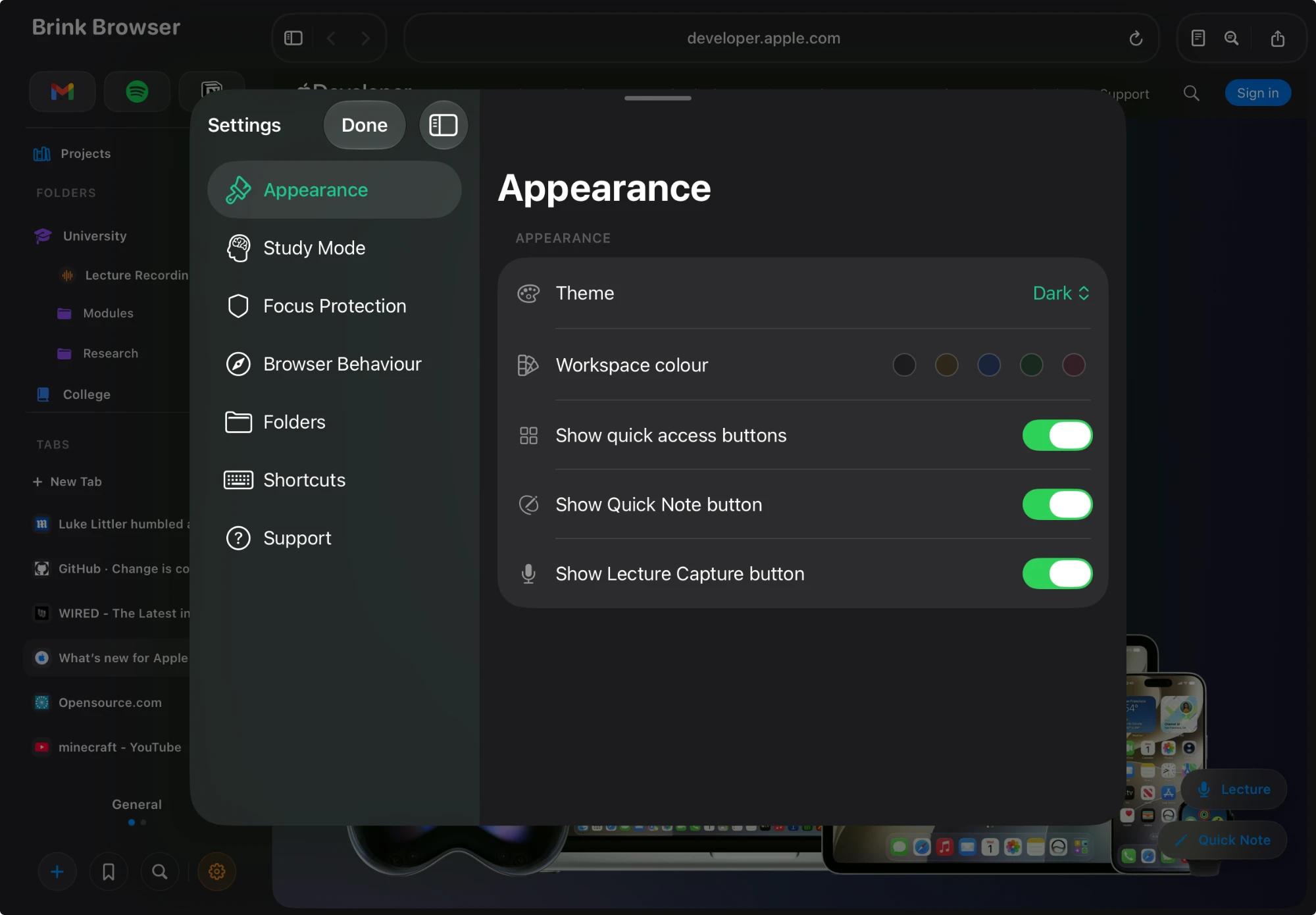 Workspace themes in Brink Browser